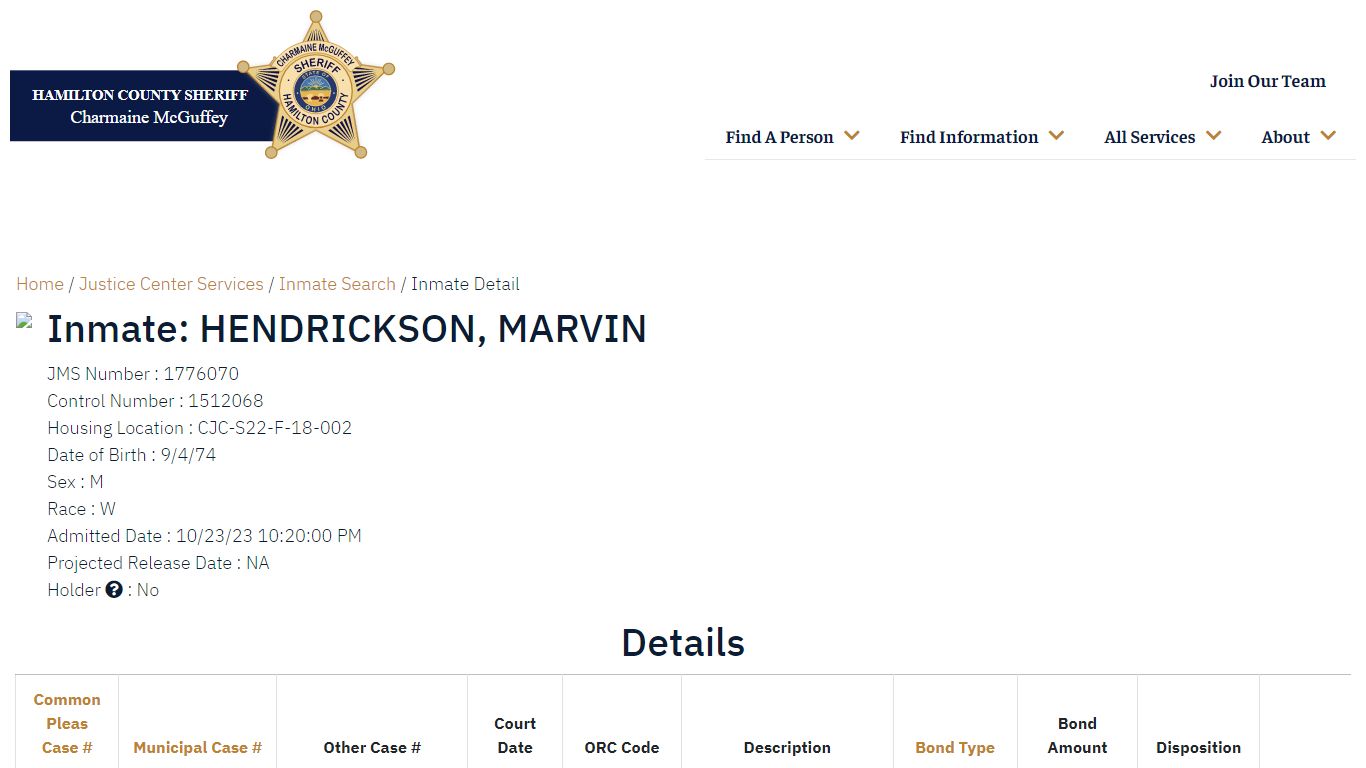 Inmate Detail - Hamilton County Sheriff's Office
