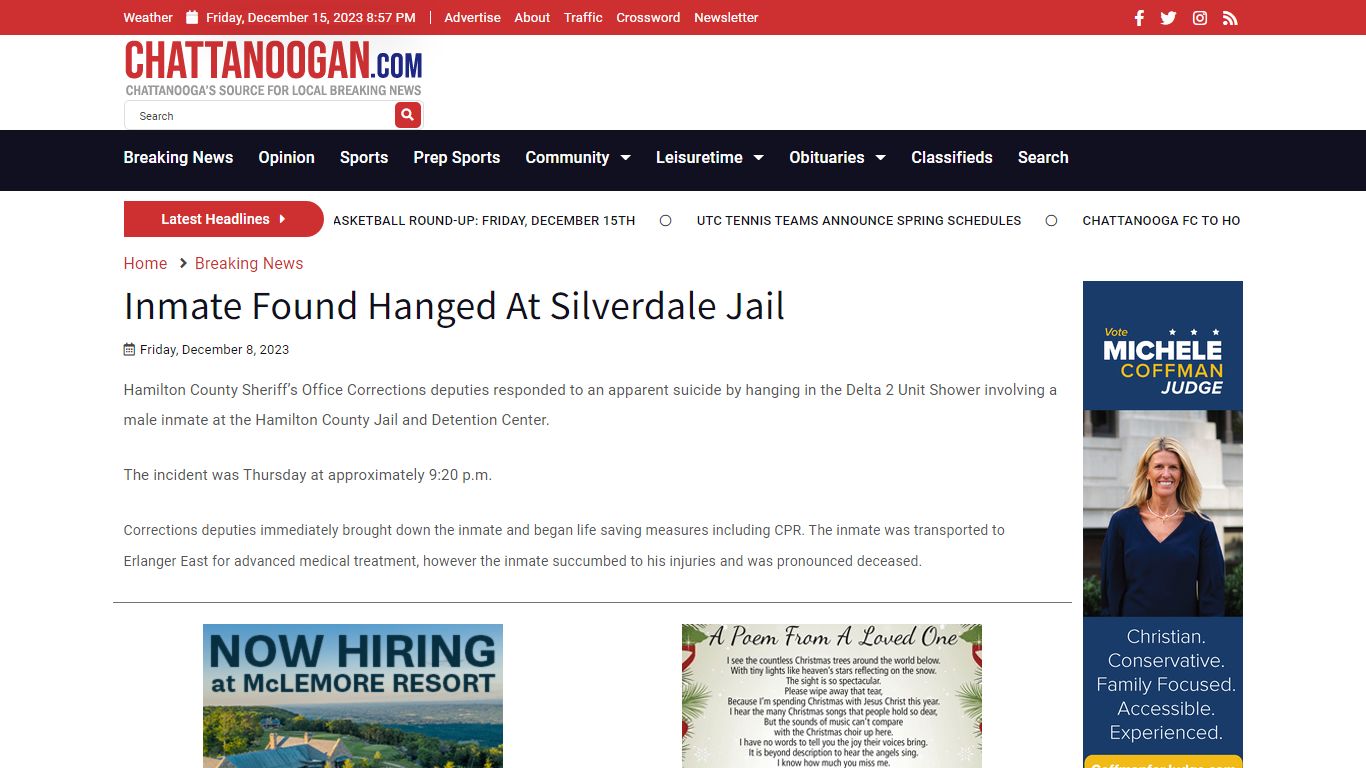 Inmate Found Hanged At Silverdale Jail - Chattanoogan.com